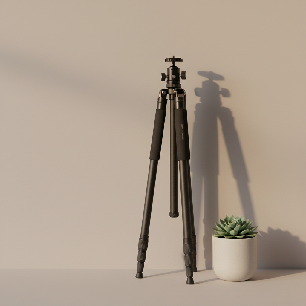 A sleek, minimalist black tripod with carbon fiber legs and brushed steel joints, folded neatly and leaning against a smooth, light beige wall. The only nearby element is a small, matte ceramic planter with a tiny, perfectly shaped succulent, adding a natural accent to the modern scene. Gentle evening ambient light from a corner diffuses across the frame, casting faint shadows and subtle gradients on the wall. Shot from an eye-level angle, with minimalist composition and broad negative space, the image conveys a sense of serene order and refined professionalism, fitting for a sophisticated photographer’s portfolio.